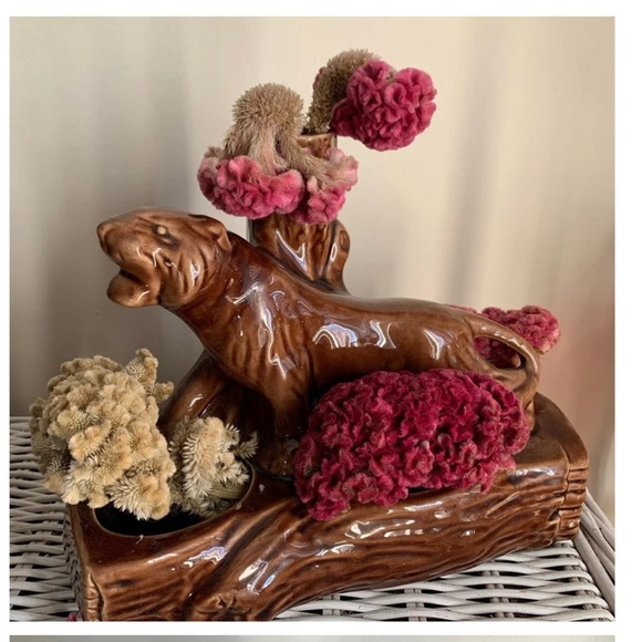 Vintage Mid Century Brown Ceramic Tiger Planter